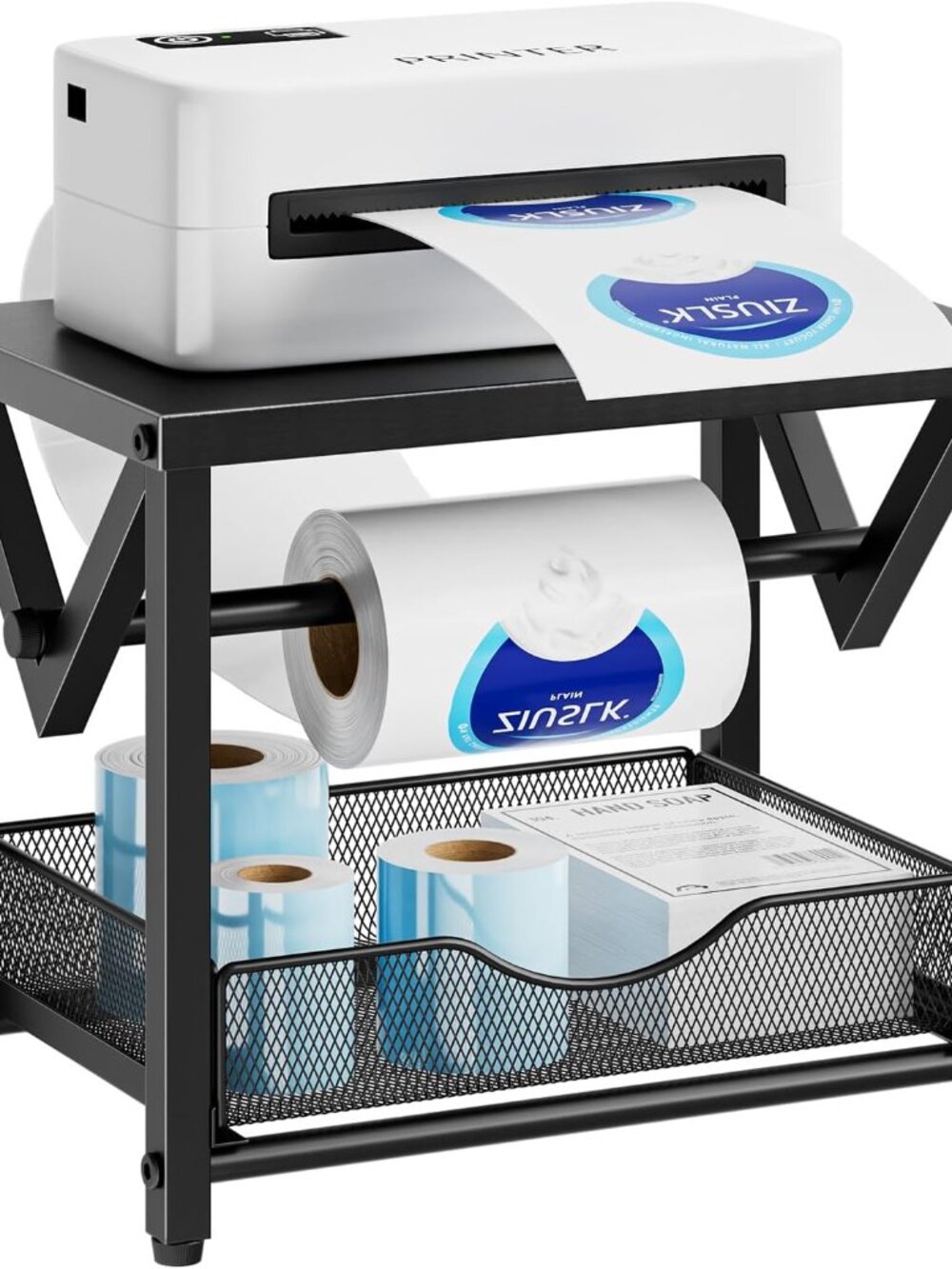 for Rolls and Fanfold Labels, Metal Thermal Label Printer Holder with Drawer, Sh